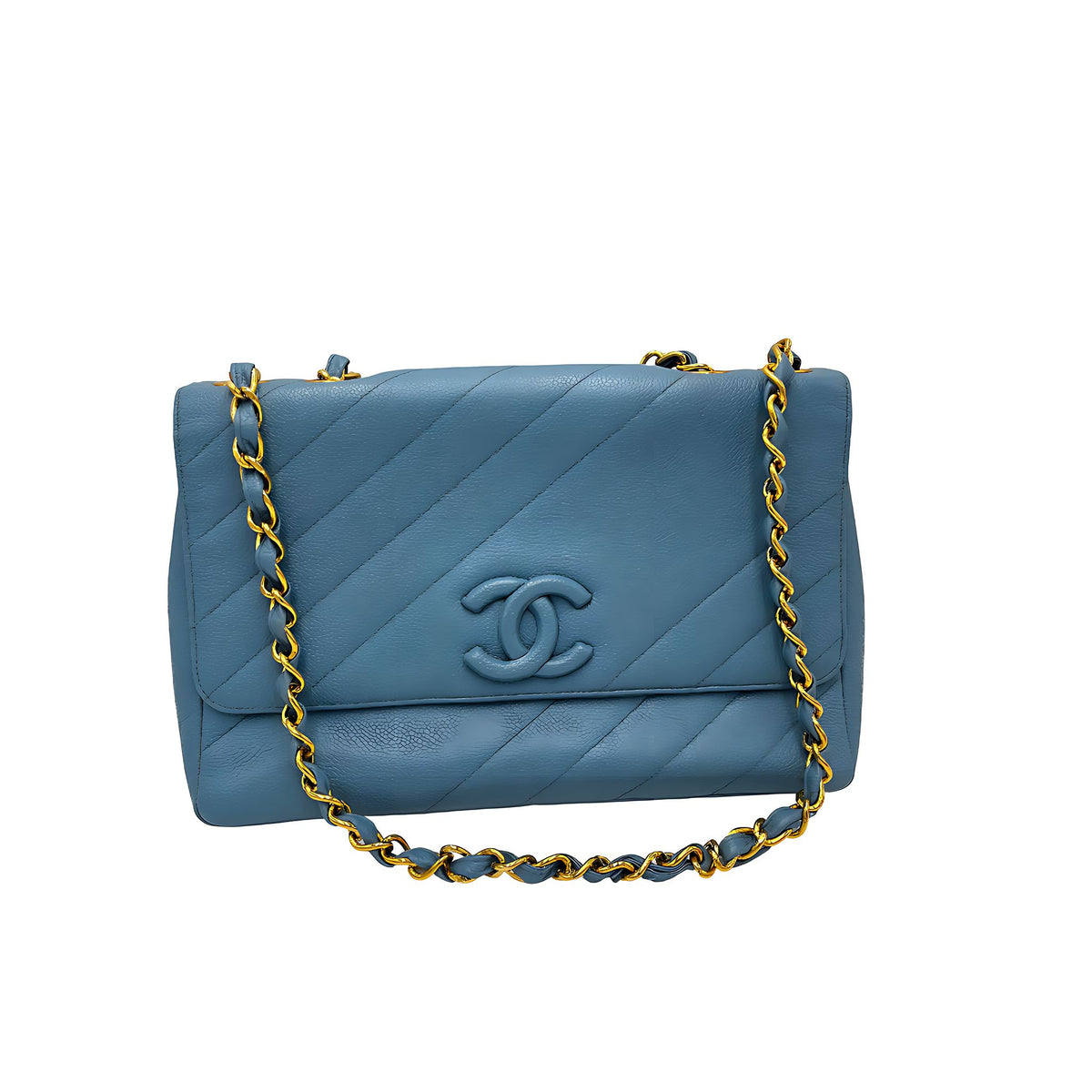 CHANEL Coco Mark Bias Stitch Chain Large Leder Blau Goldfarbene Hardware Hauptbild
