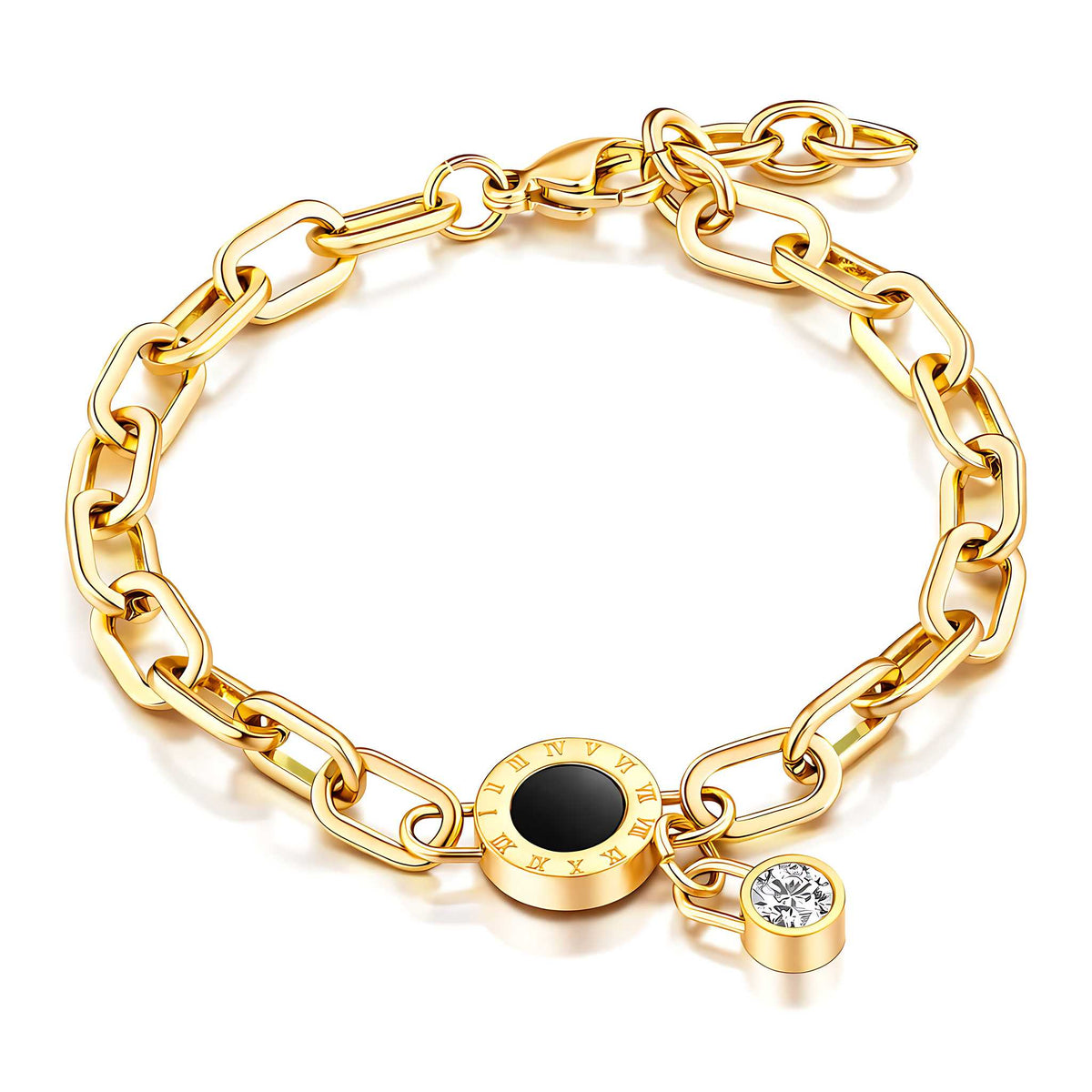 Gliederarmband mit schwarzem Rundelement und Zirkonia aus 18K vergoldetem Edelstahl Hauptbild