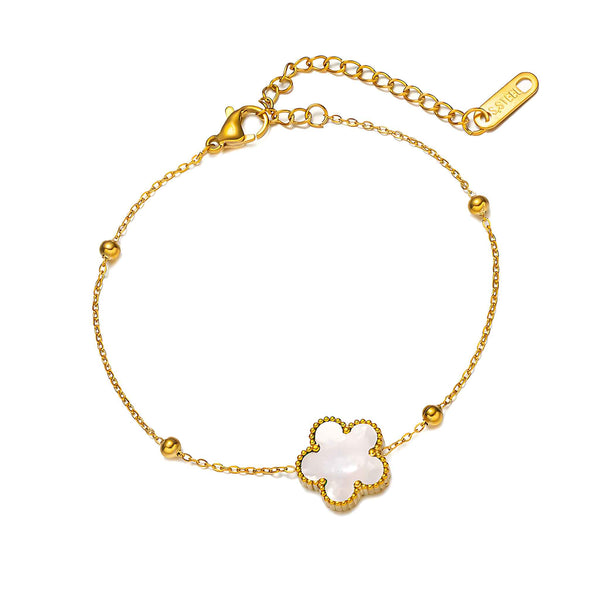 Flower Armband mit weiß schimmerndem Blütenelement aus 18K vergoldetem Edelstahl