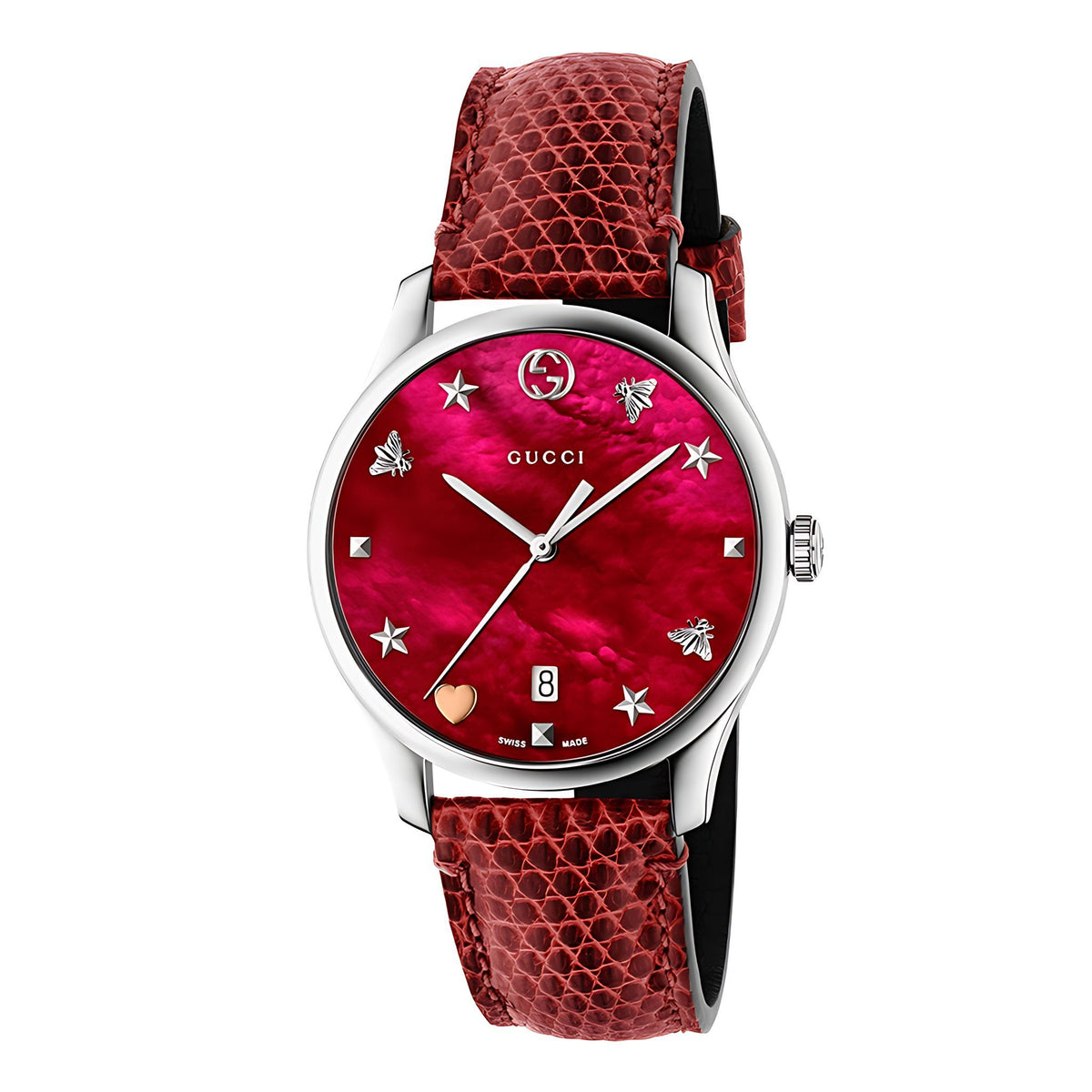 Gucci G-Timeless Damenuhr aus Edelstahl silber rot
