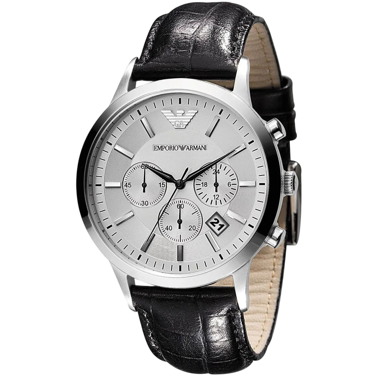Emporio Armani Klassik Herren Lederuhr Silber Braun Hauptbild