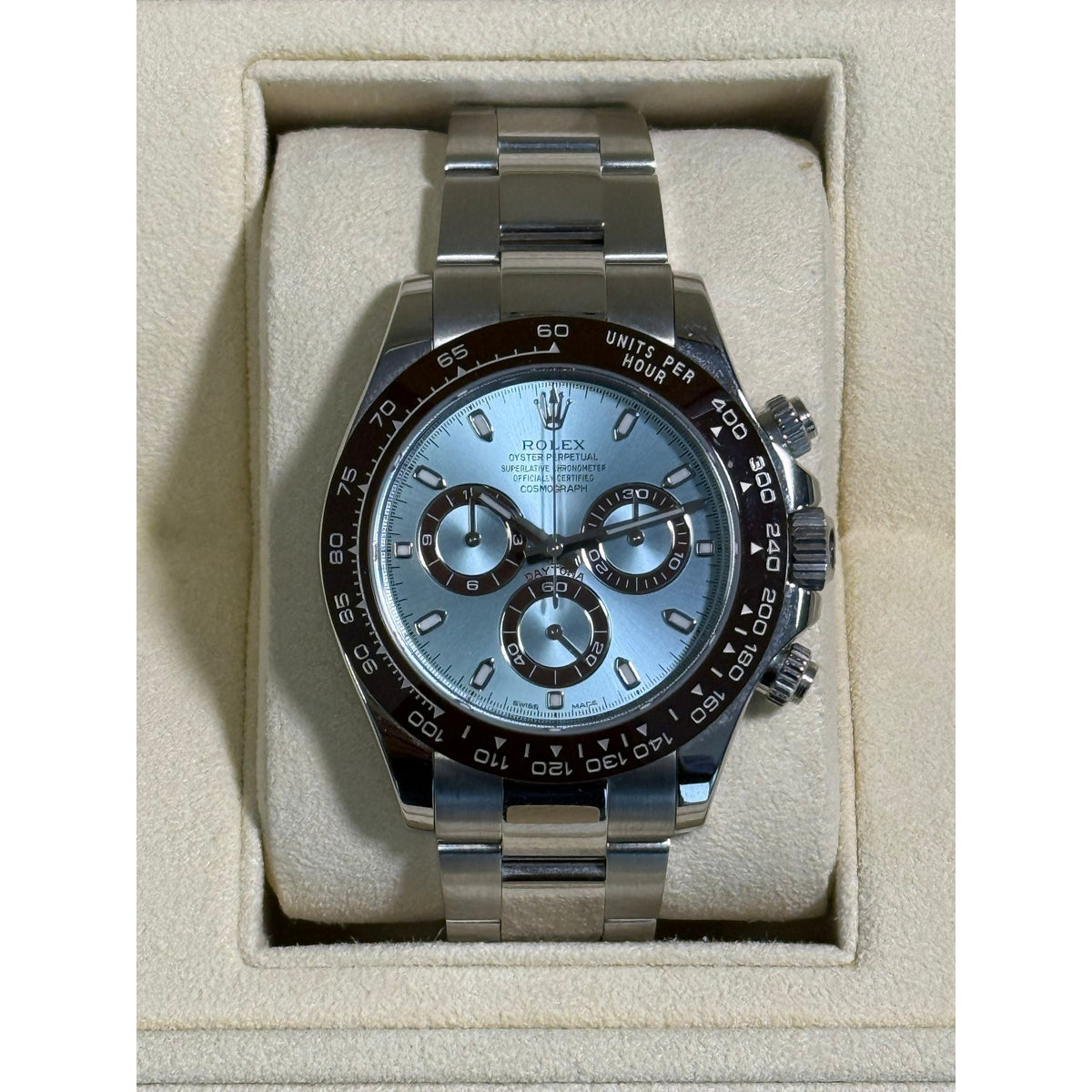 Rolex Cosmograph Daytona Platinum Ice-Blue Dial with Brown Cerachrom Bezel – Reference 116506